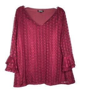 Roz & ALI Burgundy V-Neck Lace Overlay Top w/ Sheer Lace Bell Sleeves - Size 2X